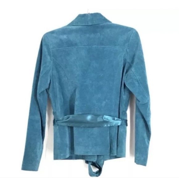 NWT RUFF HEWN WOMENS BLUE LEATHER TIE WASTE JACKET - Picture 7 of 8